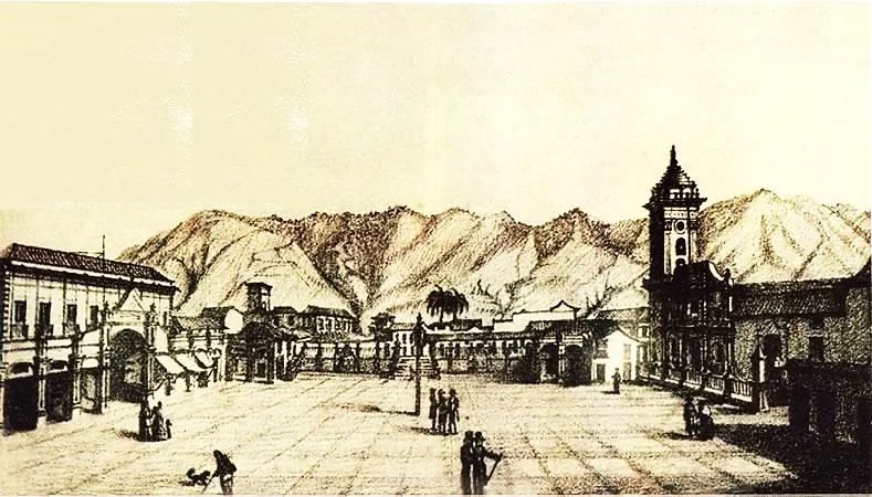 Un grabado de la plaza mayor hacia 1840 aproximadamente. Autor no identificado